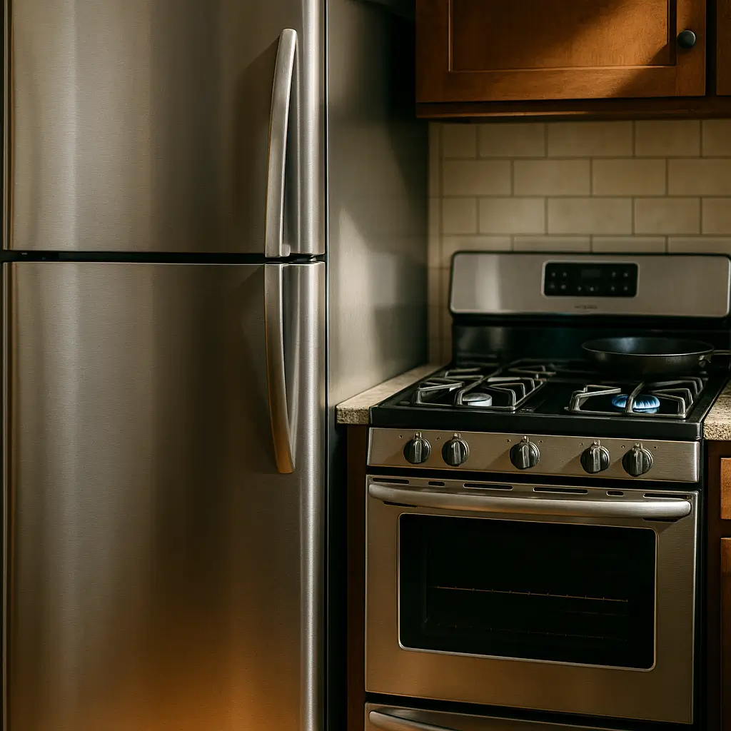 Fogão ao lado da geladeira: distância mínima e riscos, geladeira inox e fogão com chama azul e frigideira