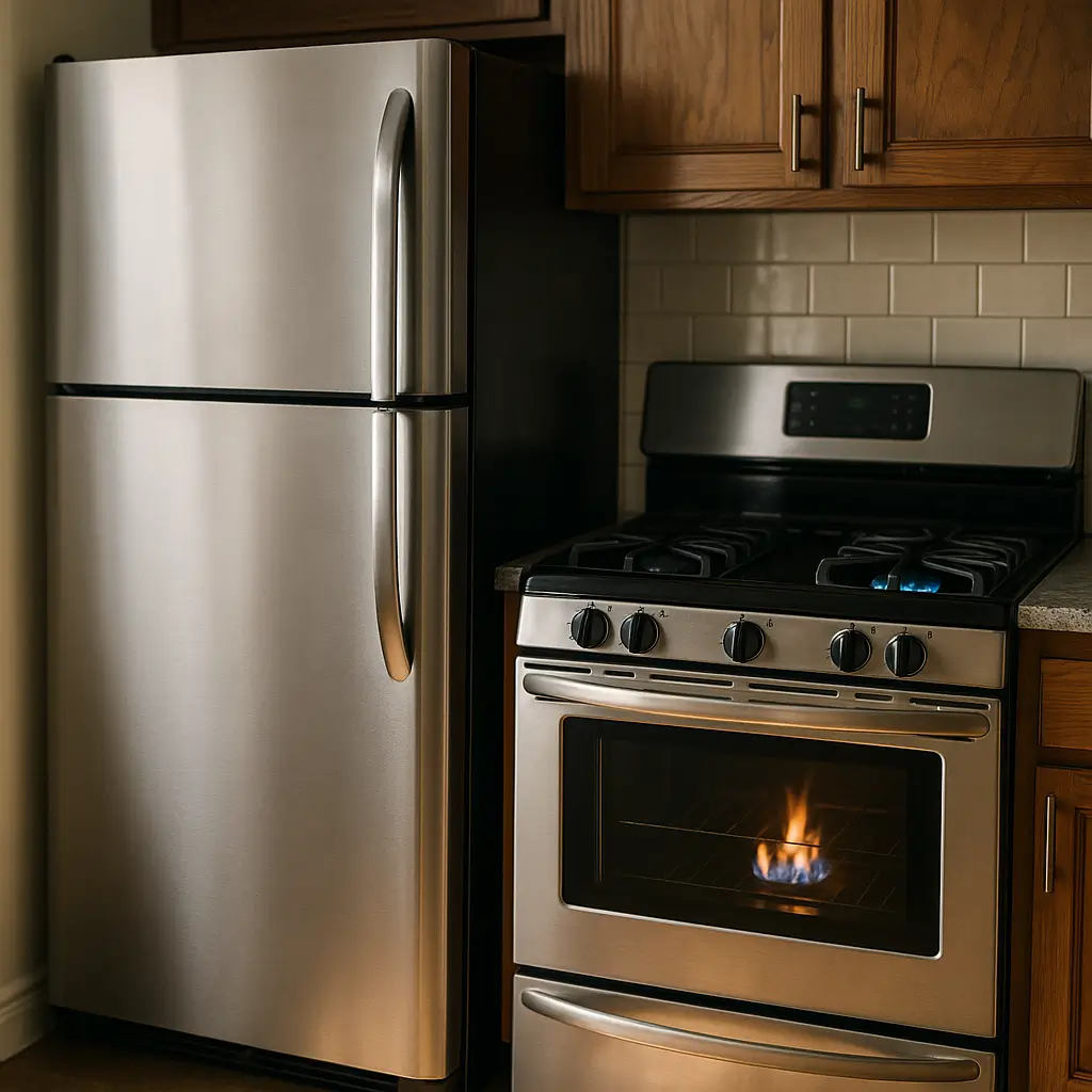Fogão ao lado da geladeira: distância mínima e riscos, geladeira inox e fogão com chama no forno