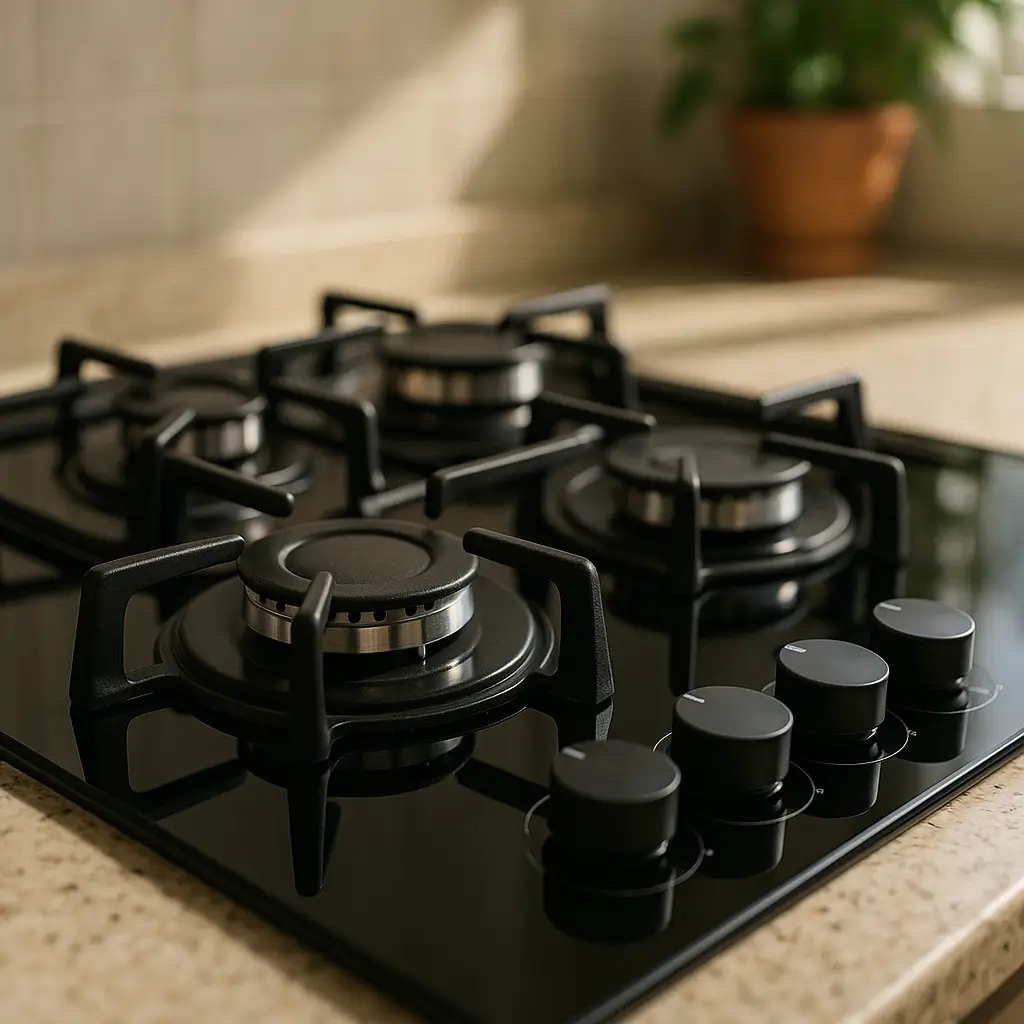 Fogão mesa de vidro é bom: prós, contras e cuidados; cooktop preto 4 bocas, botões pretos, bancada de pedra
