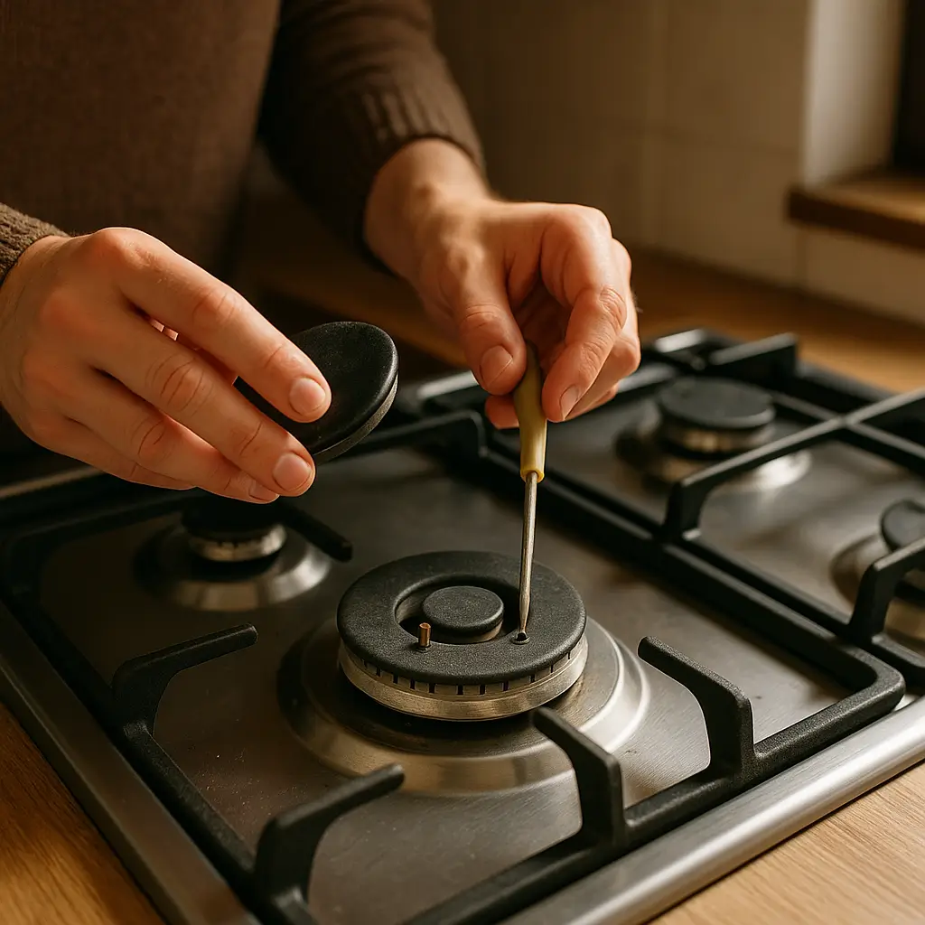 Fogão não acende em uma boca: como desentupir, mão retirando tampa do queimador e chave de fenda limpando furo