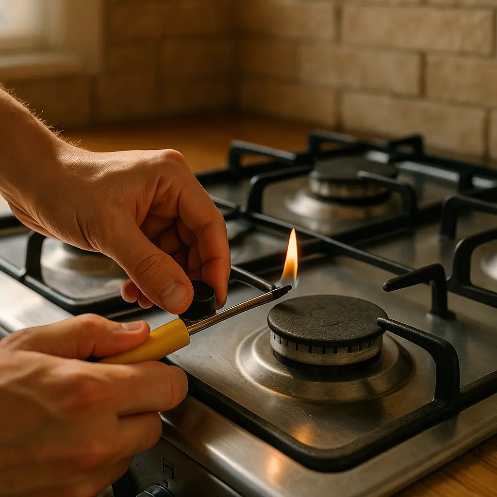 Fogão não acende em uma boca: como desentupir, mãos acendendo queimador com isqueiro