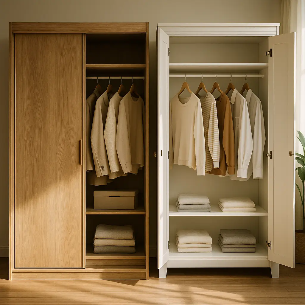 Guarda-roupa porta de correr ou bater: qual escolher, armário de correr em madeira ao lado de armário branco de bater aberto com roupas dobradas