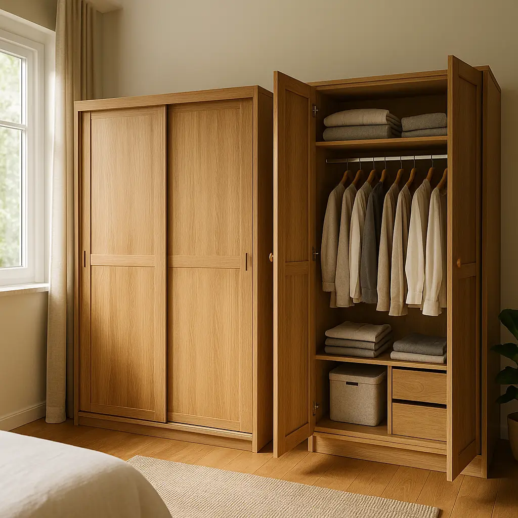 Guarda-roupa porta de correr ou bater: qual escolher, armário de correr fechado ao lado de armário de bater aberto com roupas