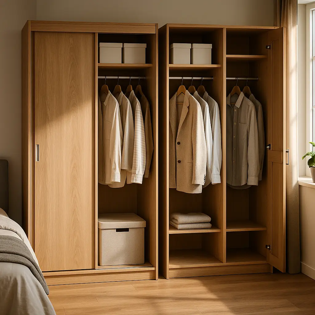 Guarda-roupa porta de correr ou bater: qual escolher, armários de madeira com portas de correr e bater, roupas penduradas