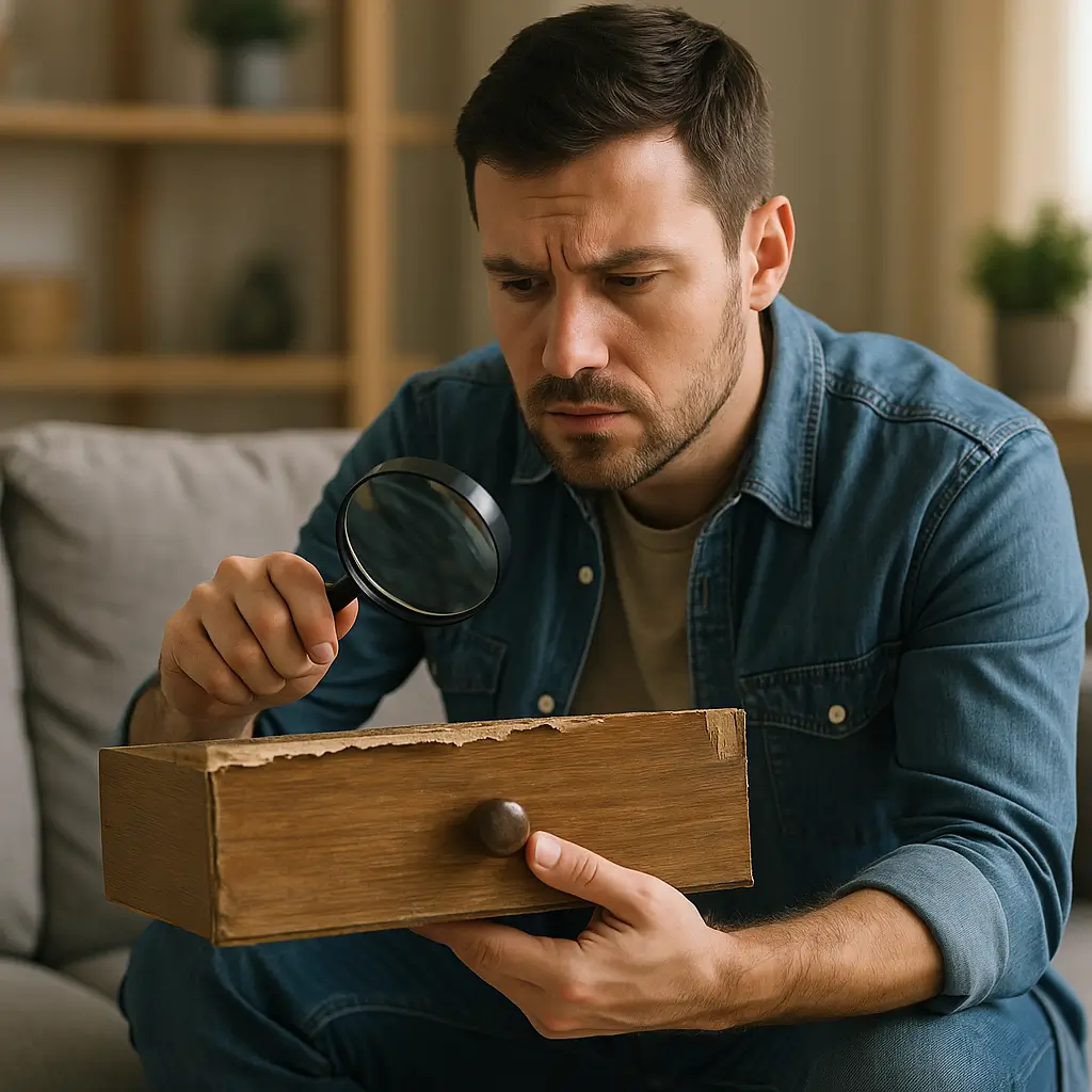 Homem examina móvel barato com lupa; dura? Descubra dicas práticas para não errar.