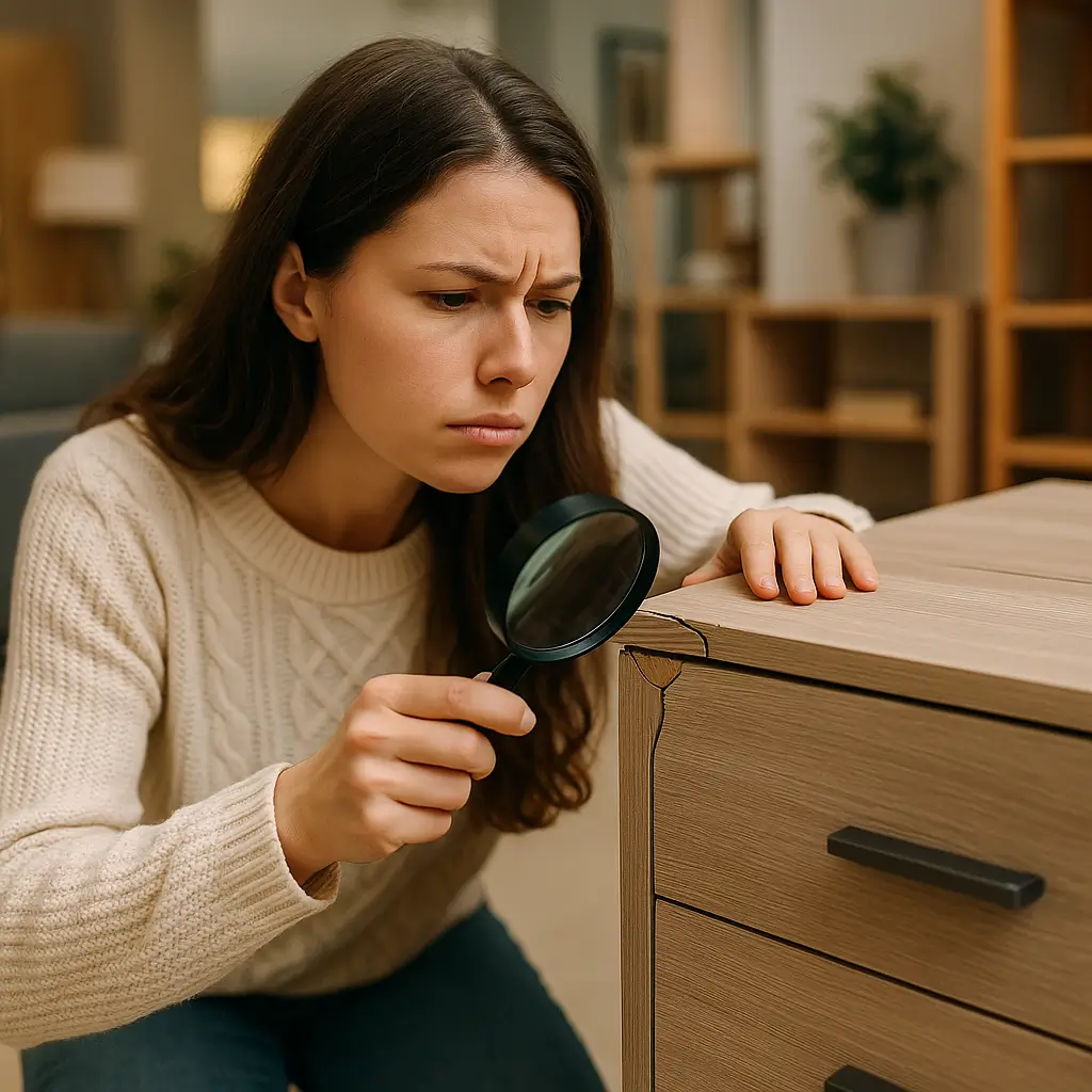 Mulher investiga gaveta de móvel barato dura? Descubra dicas práticas para não errar.