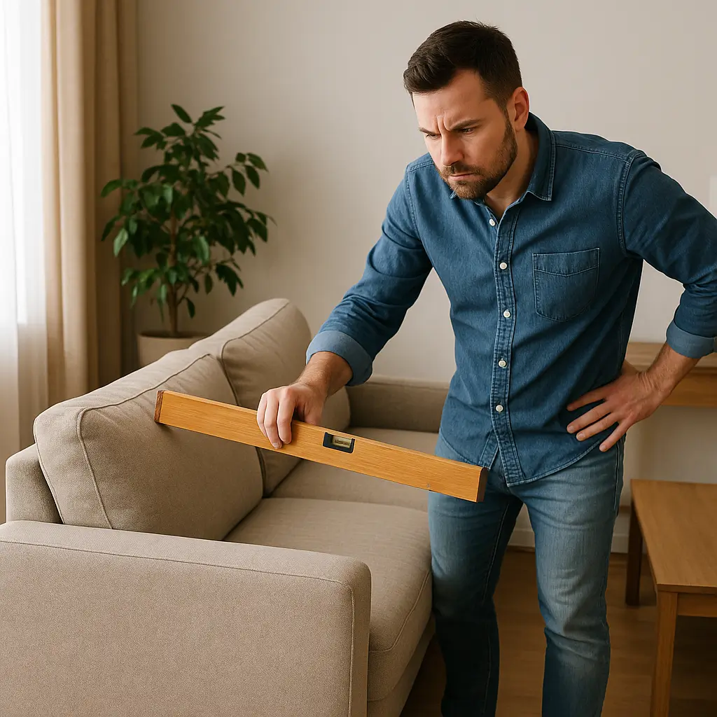 Homem verificando alinhamento de sofá com nível. Sofá torto depois da entrega o que fazer e como resolver.