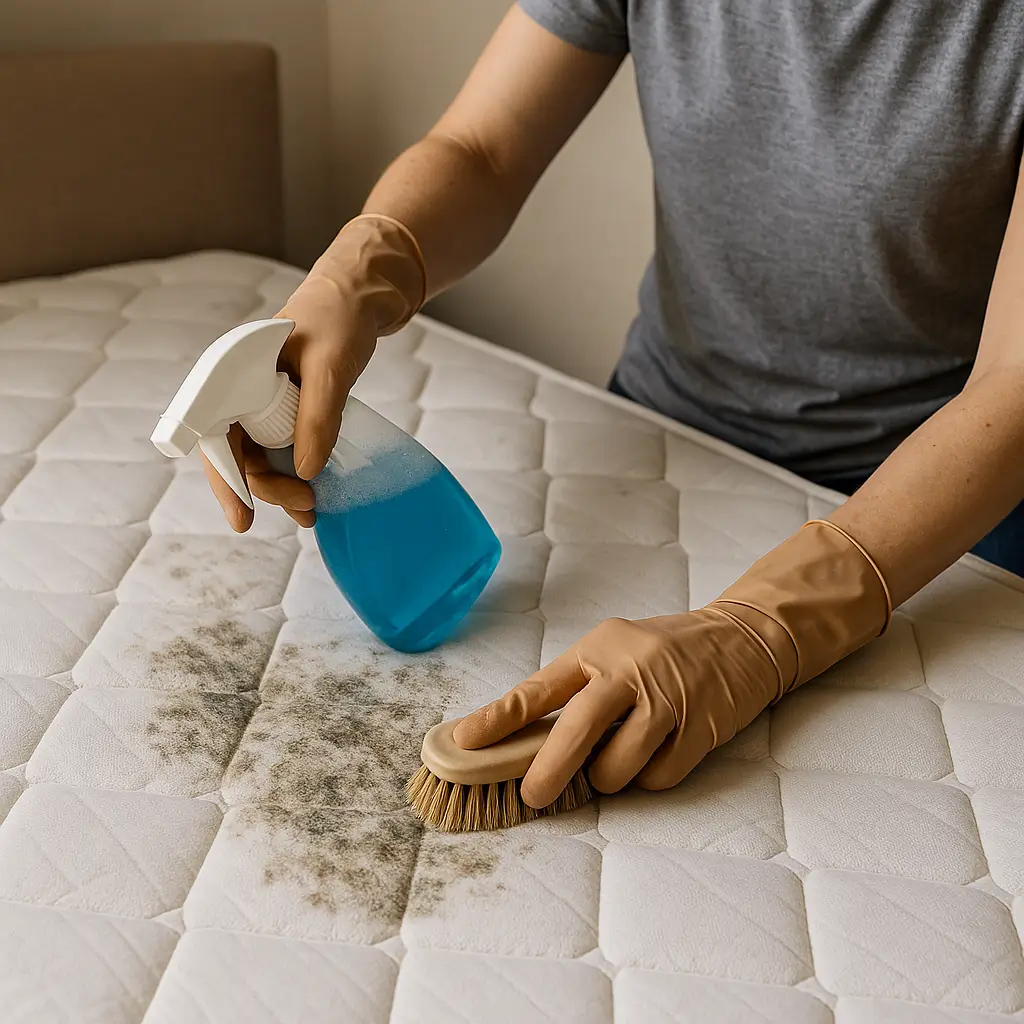 Limpar colchão com mofo: guia prático e barato para resolver; pessoa esfregando colchão com spray e escova.