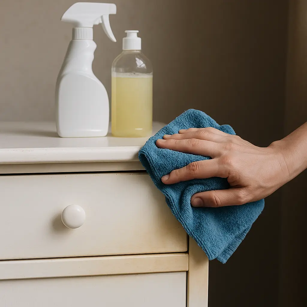 Pano azul limpa móvel branco amarelado, frascos de solução ao lado; limpar móveis brancos que amarelaram: solução fácil e barata.