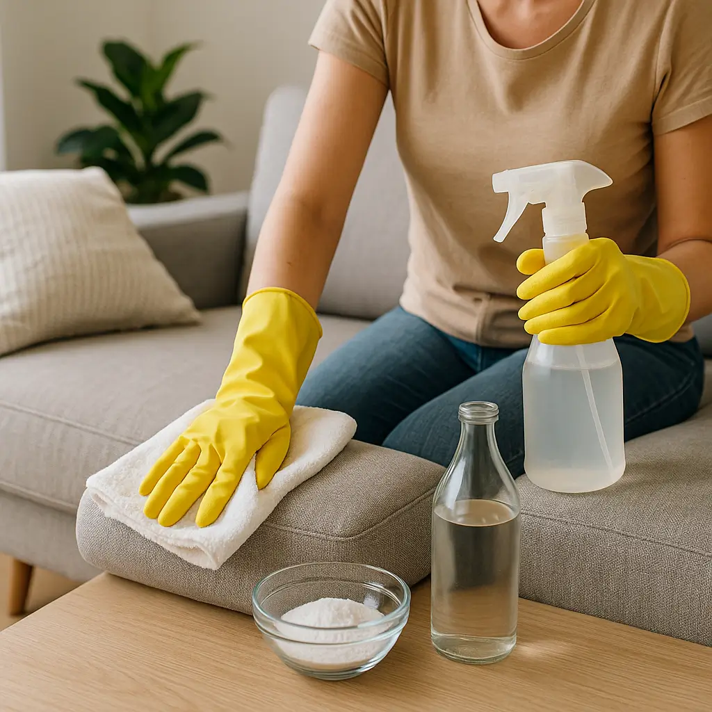 Limpar móveis de tecido sem aspirador: dicas fáceis e baratas, pessoa usando spray, pano e luvas.