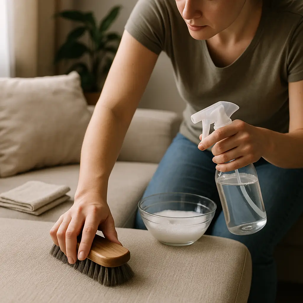 Limpar móveis de tecido sem aspirador: mulher usando escova, borrifador e sabão; dicas fáceis e baratas.