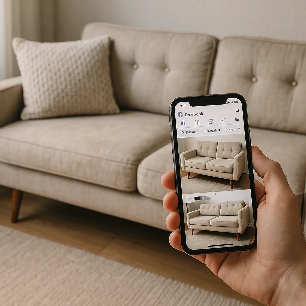 Mão segurando celular exibindo sofá no Facebook Marketplace em sala; comprar móveis usados no Facebook Marketplace vale a pena?