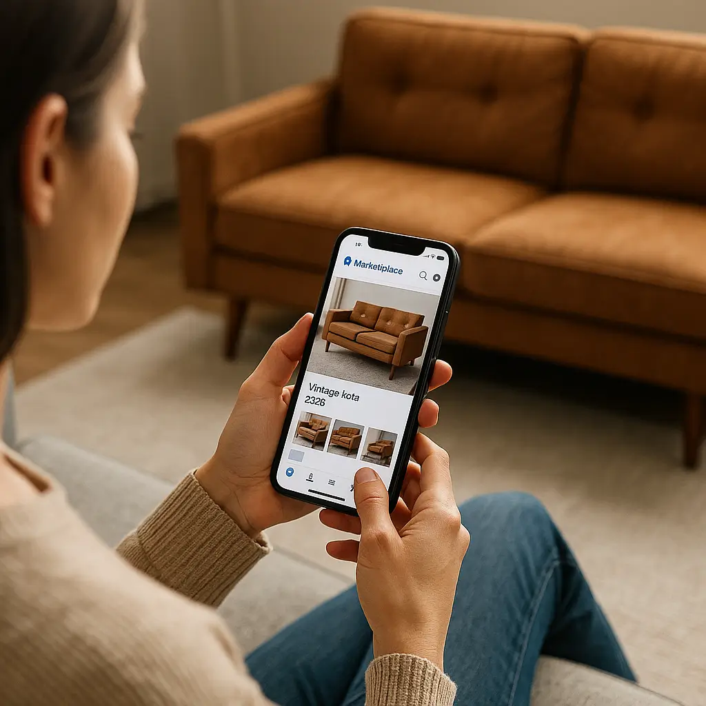Pessoa usando celular para procurar móveis usados no Facebook Marketplace sentado no sofá.