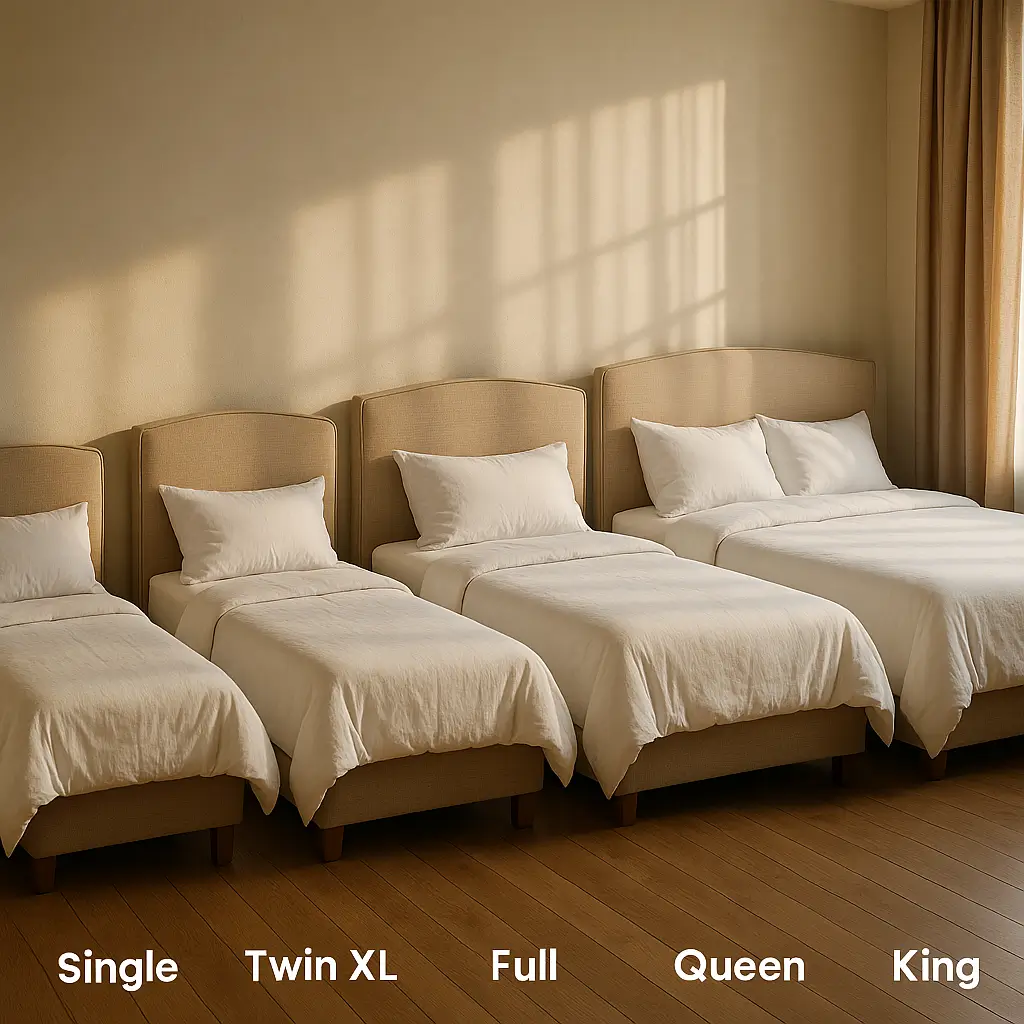 Medidas de cama: solteiro, viúva, casal, queen, king; cinco camas lado a lado