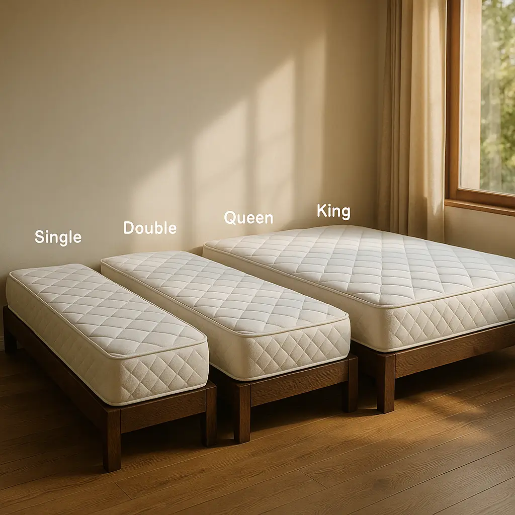 Medidas de cama: solteiro, viúva, casal, queen, king; quatro colchões sobre bases de madeira junto à janela