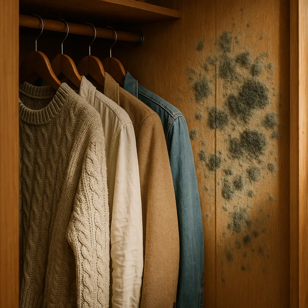 Mofo no guarda-roupa: como tirar cheiro e umidade; bolor na lateral interna do armário e roupas em cabides