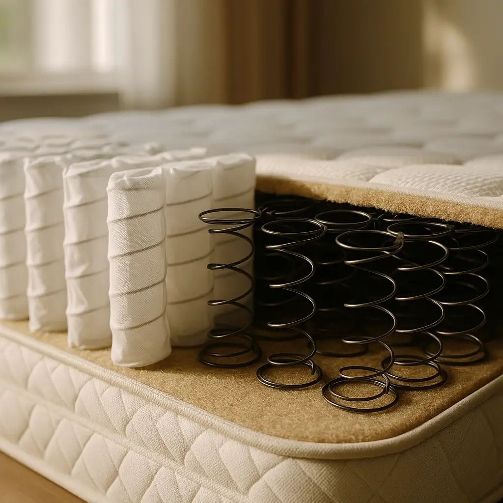 Molas ensacadas ou bonnell: diferenças e conforto, corte do colchão com blocos ensacados e molas Bonnell