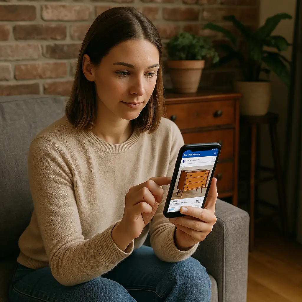 Mulher avalia móveis usados no Facebook Marketplace; comprar móveis usados no Facebook Marketplace vale a pena?