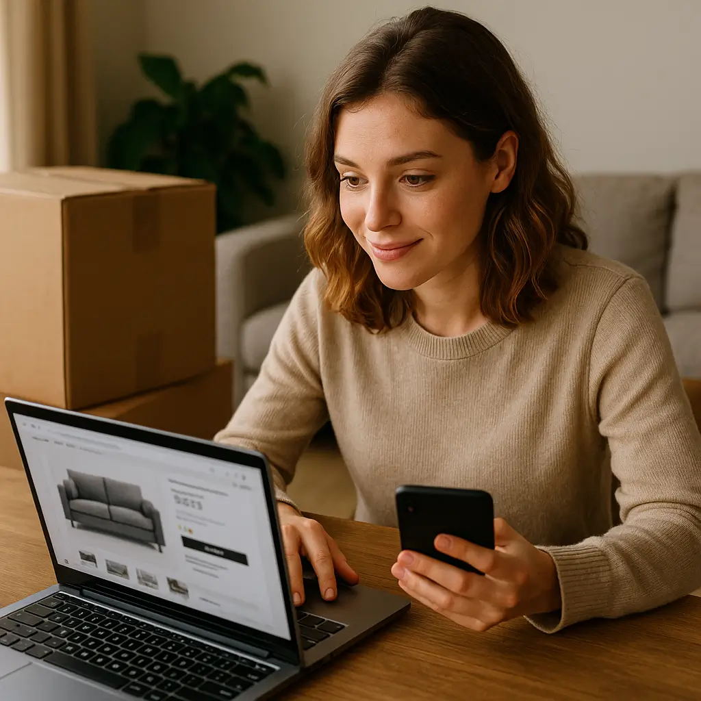 Mulher compra de móveis online: dicas de economia no frete e descontos.