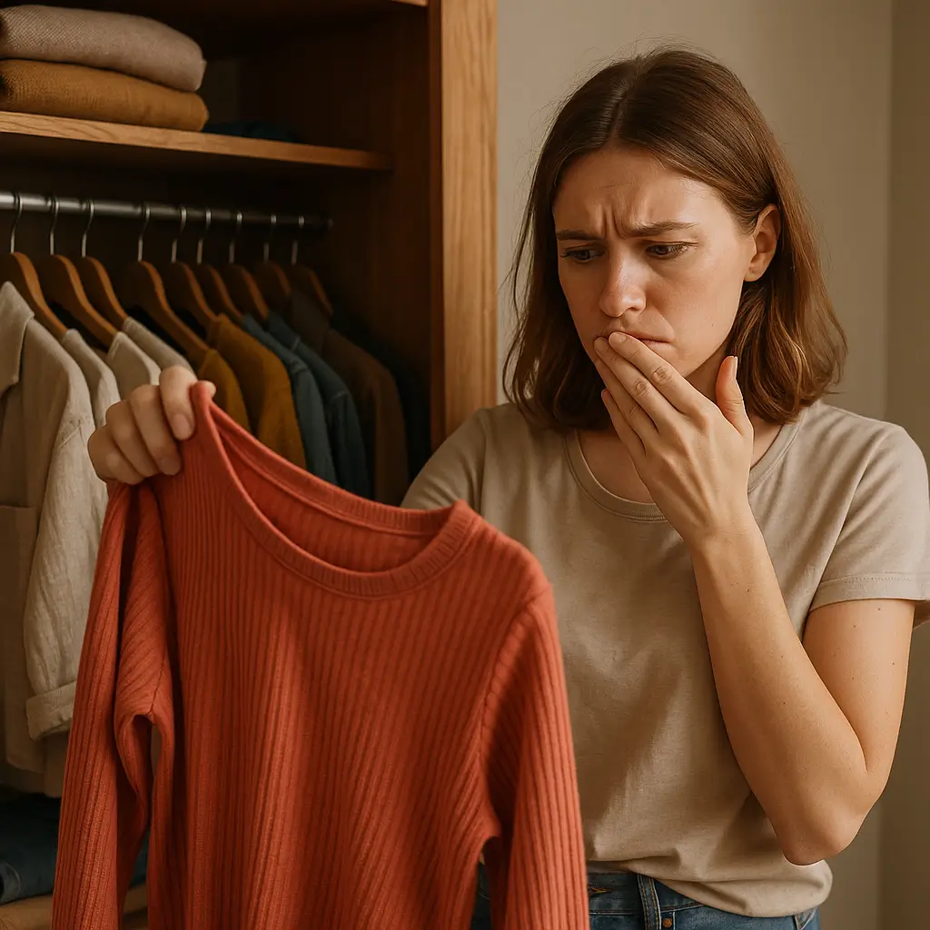 Mulher examinando roupa preocupada; trocar o guarda-roupa: 7 sinais que indicam a hora certa.