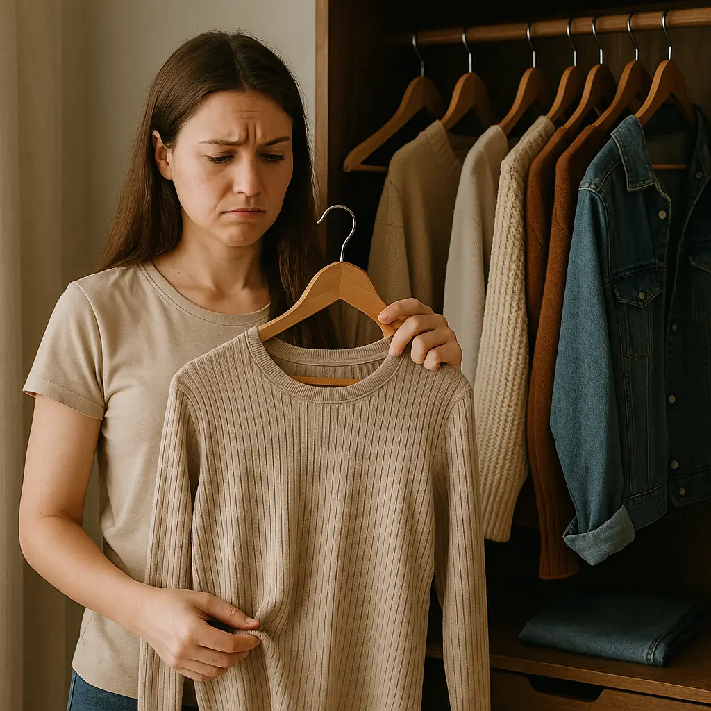 Mulher insatisfeita analisando roupas no guarda-roupa; trocar o guarda-roupa: 7 sinais que indicam a hora certa.
