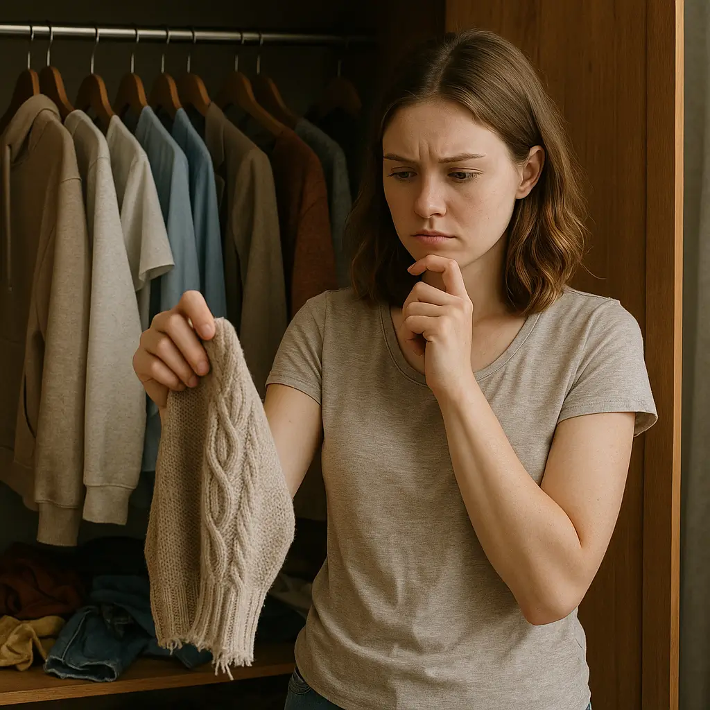 Mulher analisando roupas no guarda-roupa, gesto de dúvida. Trocar o guarda-roupa: 7 sinais que indicam a hora certa.