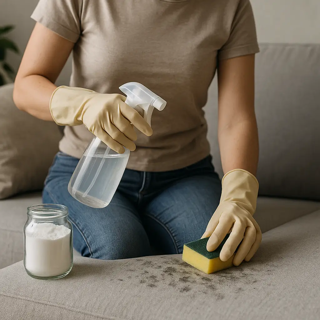 Removendo cheiro de mofo no sofá com spray e esponja.