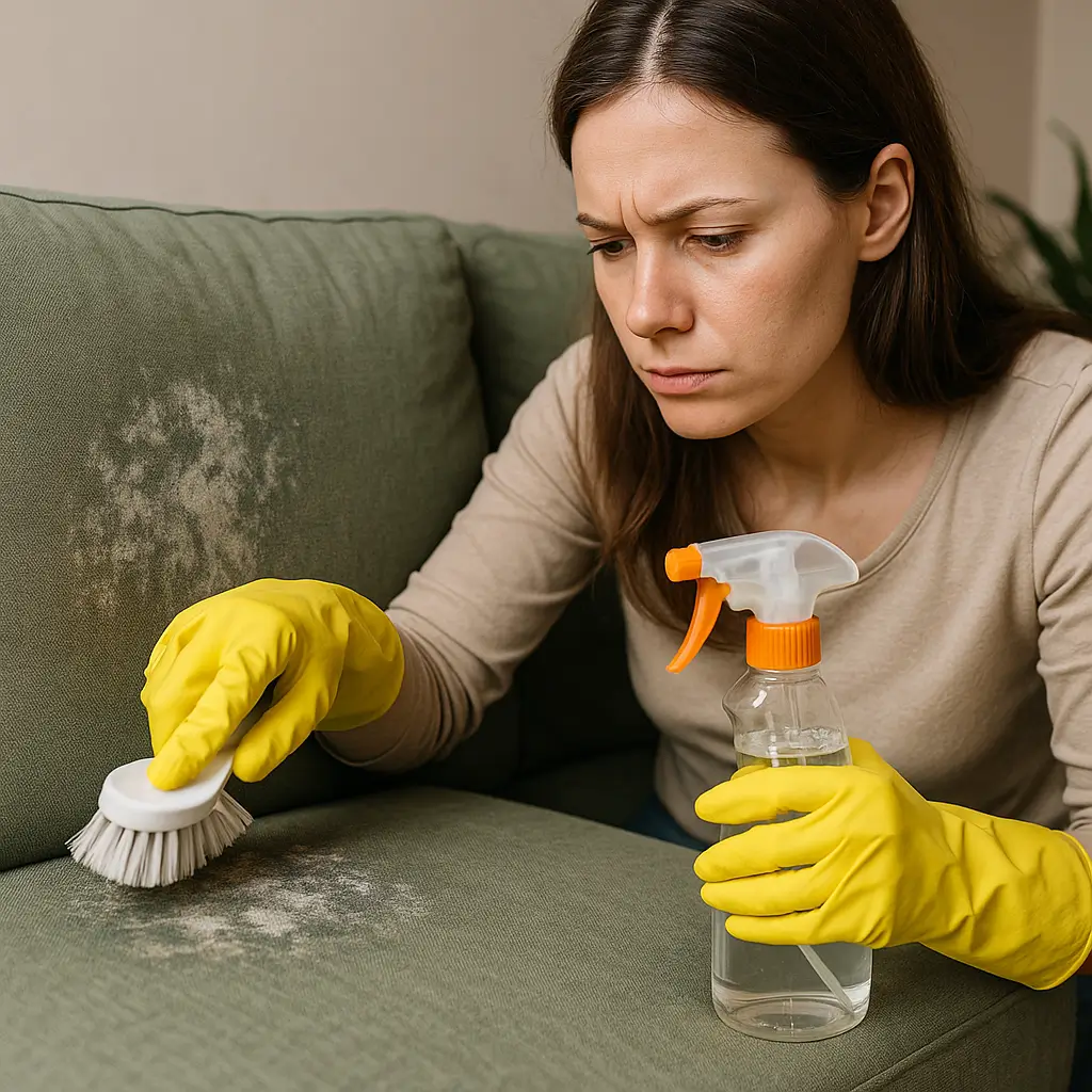 Mulher limpando sofá com escova e spray. Cheiro de mofo no sofá e colchão: como tirar de jeito fácil.