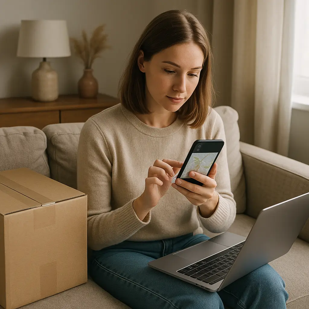 Mulher com smartphone e laptop, caixa ao lado, loja online de móveis entrega no meu bairro? Descubra na hora!