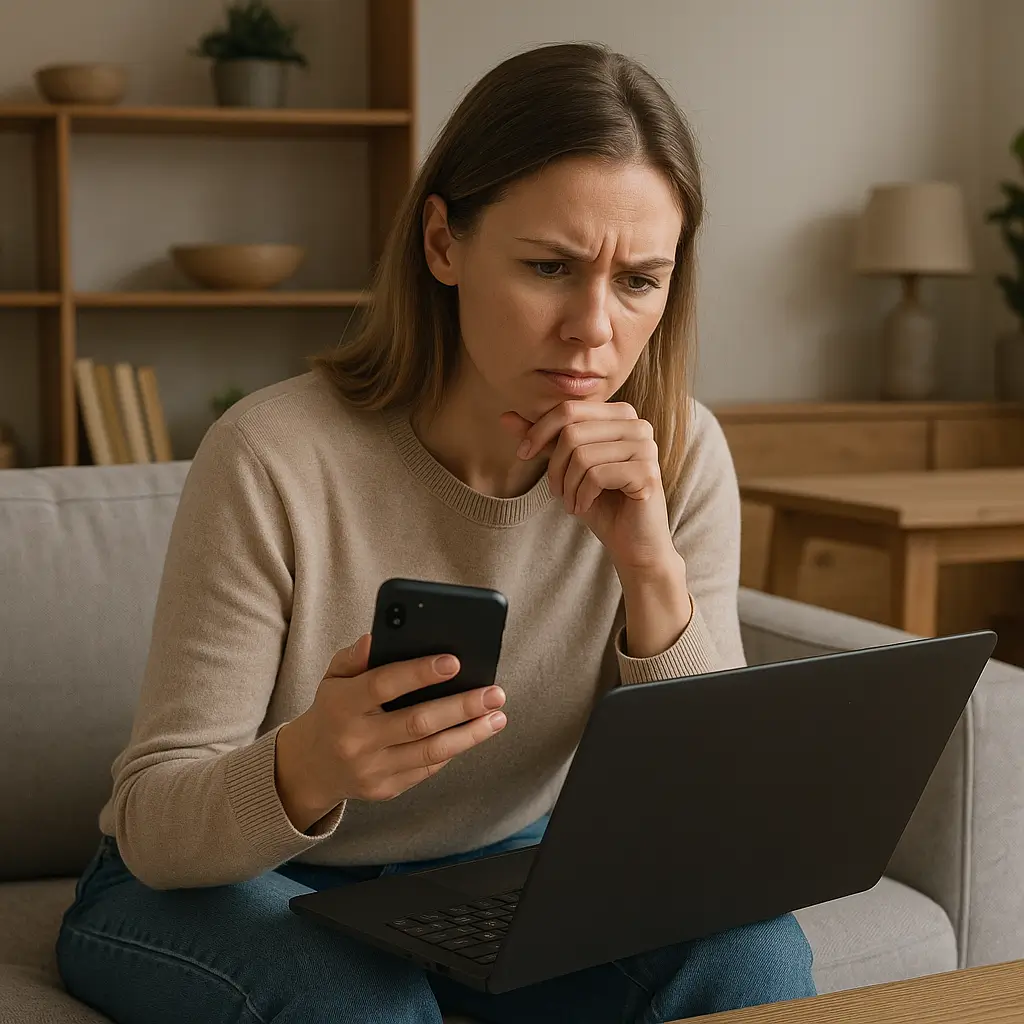 Mulher preocupada analisando loja de móveis online confiável pelo Reclame Aqui: como identificar.
