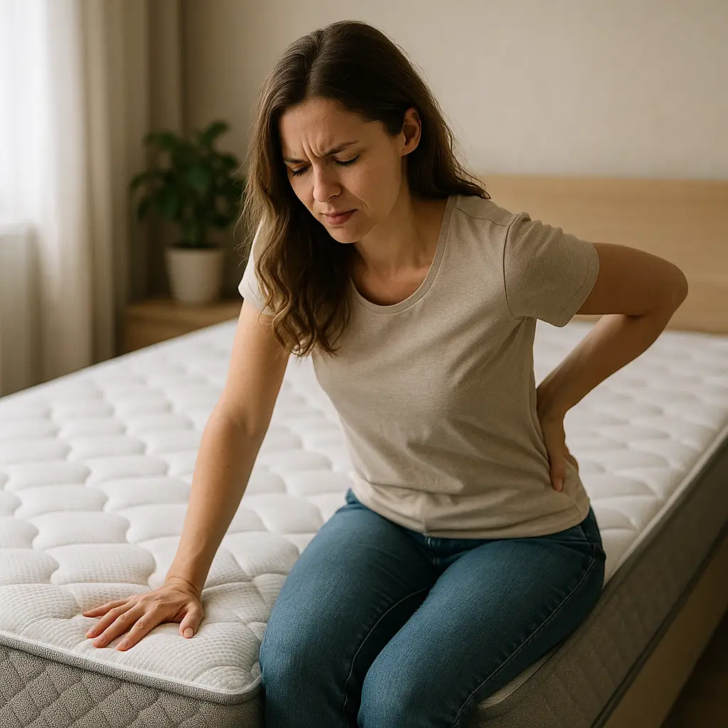 Mulher sentada com dor nas costas em colchão, buscando colchão bom e barato para dor na coluna: como escolher o seu.