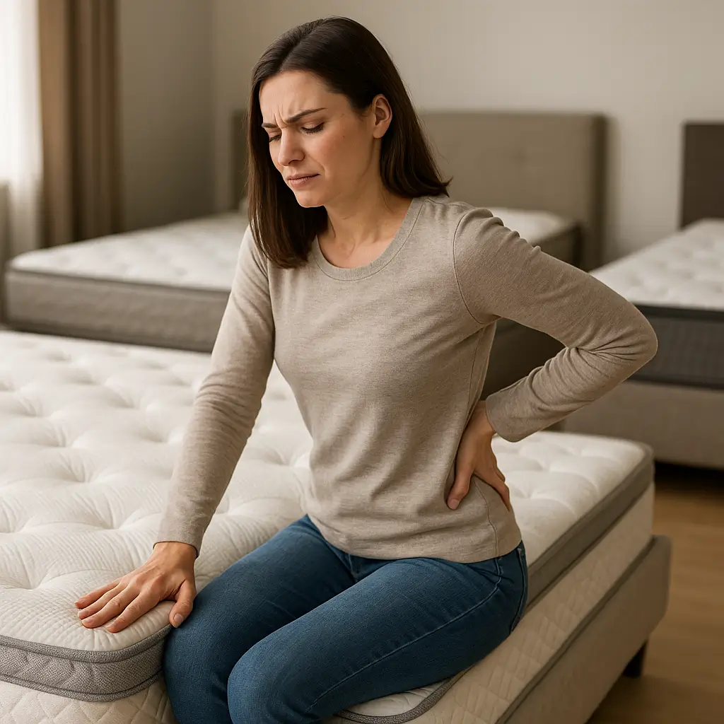 Mulher sentada em colchão testando para dor na coluna, buscando opção boa e barata.