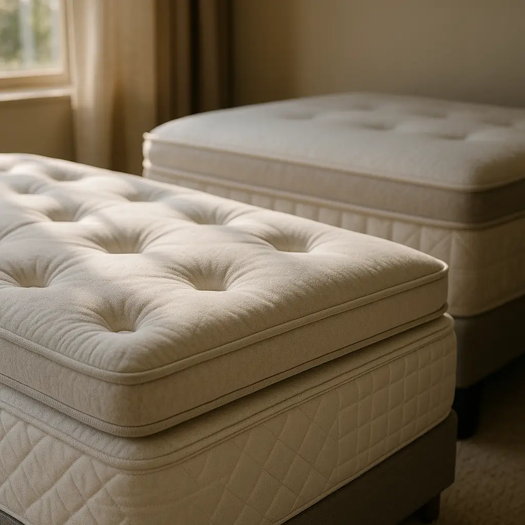 Pillow top ou euro top: qual é melhor? Colchões bege com pillow top, um em destaque e outro ao fundo