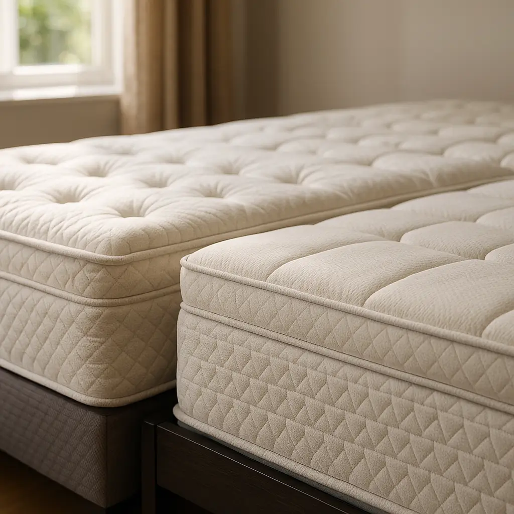 Pillow top ou euro top: qual é melhor? Dois colchões bege lado a lado em bases de madeira