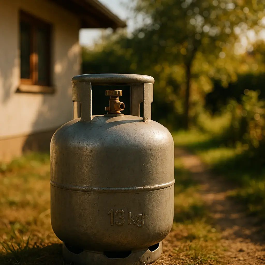 Quanto tempo dura um botijão de gás 13 kg: tabela 2025, botijão 13 kg metálico no quintal ao lado da casa