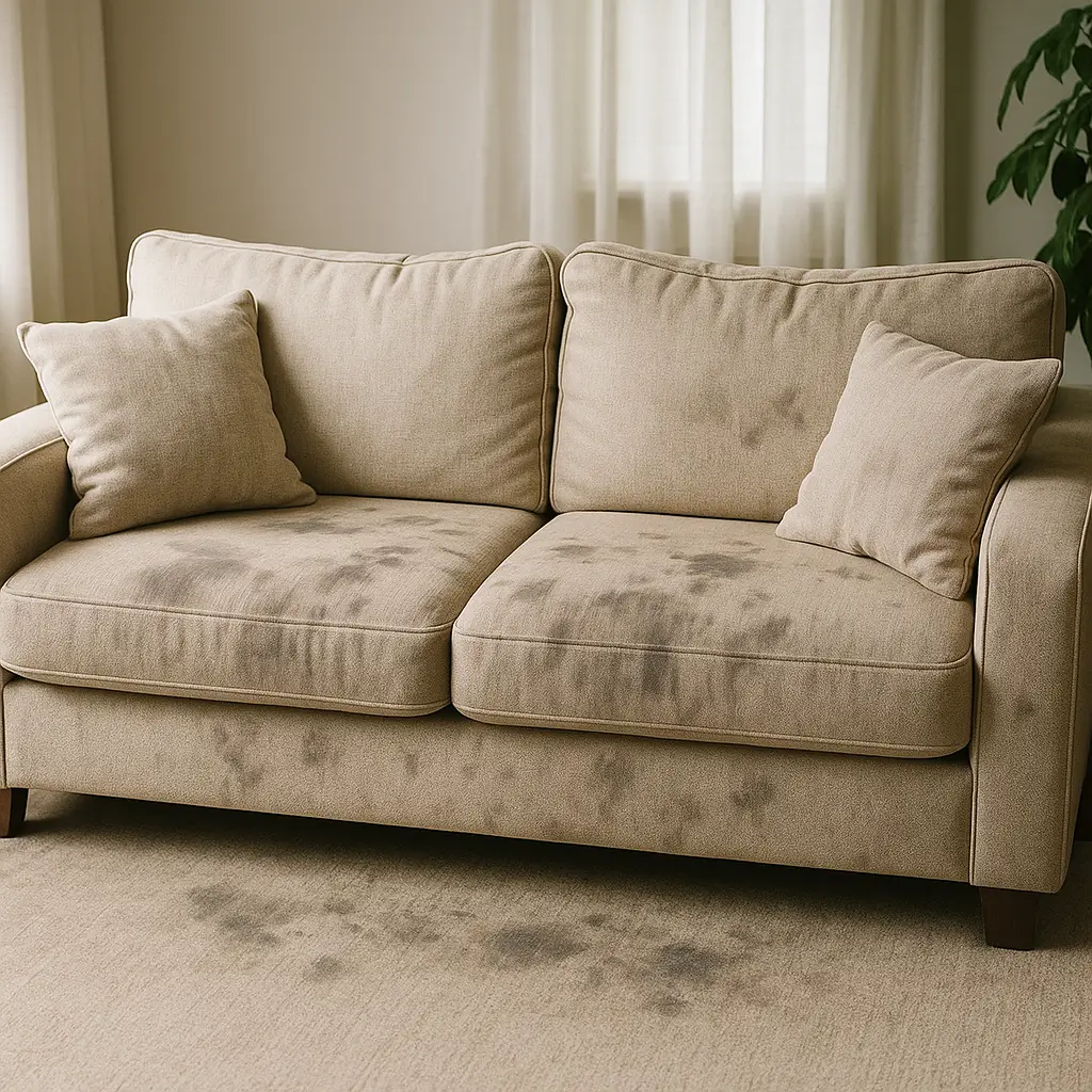 Sofá bege com manchas; cor de sofá que não aparece sujeira; dicas para escolher certo.