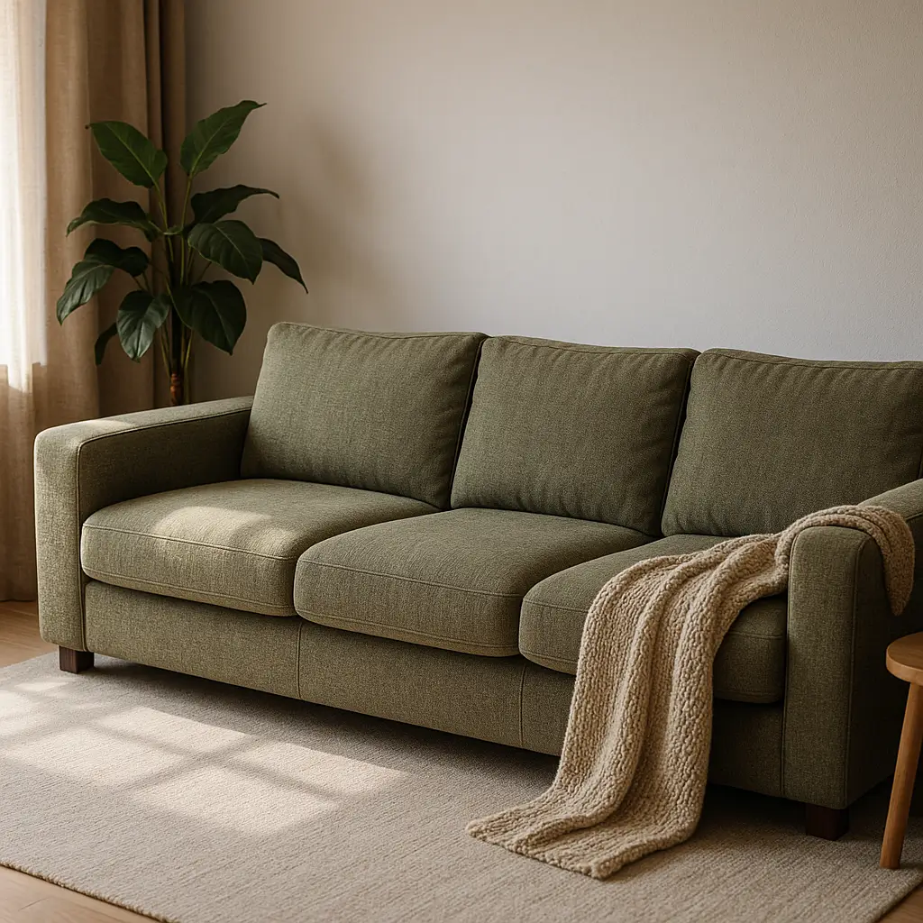 Sofá verde oliva com almofada, planta ao fundo, escolhe cor de sofá que não aparece sujeira: dicas para escolher certo.