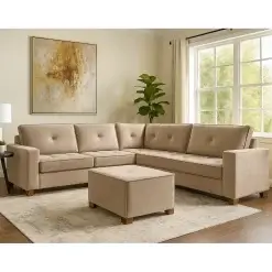 Sofa De Canto Franca Zarat 5 Lugares Com Puff E Almofadas Soltas Tecido Veludo Bege