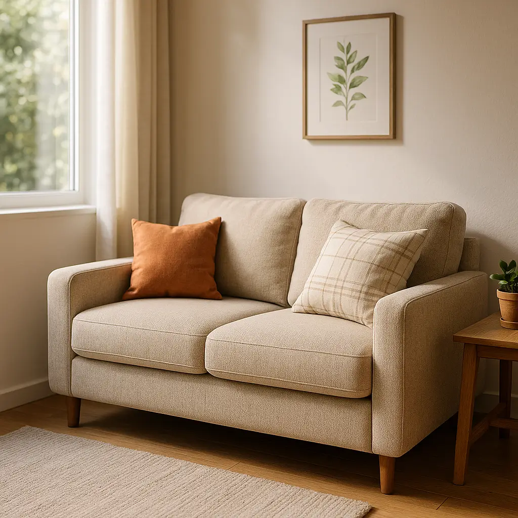 Sofá pequeno para sala pequena: medidas e modelos, sofá bege 2 lugares com almofadas laranja e xadrez, mesa lateral de madeira e planta