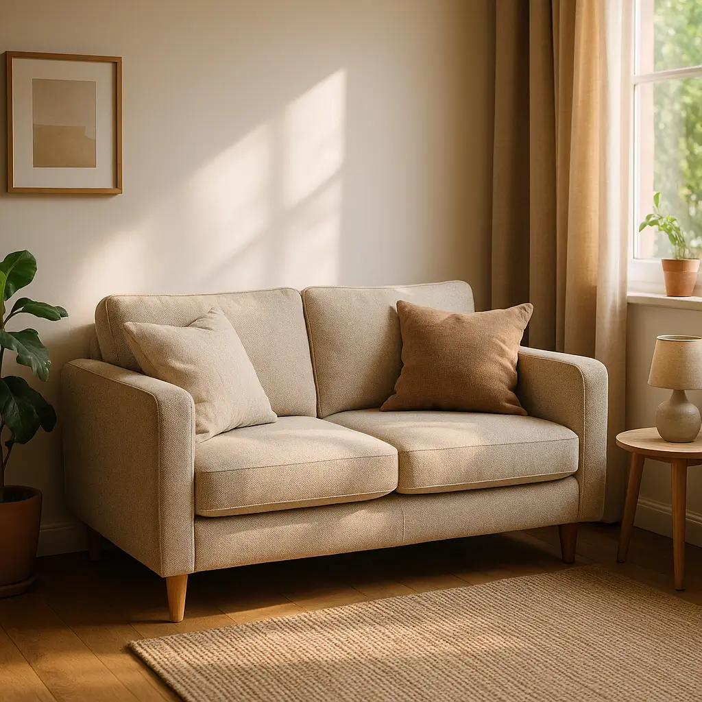 Sofá pequeno para sala pequena: medidas e modelos, sofá bege 2 lugares com almofadas, mesa lateral, planta e luz natural