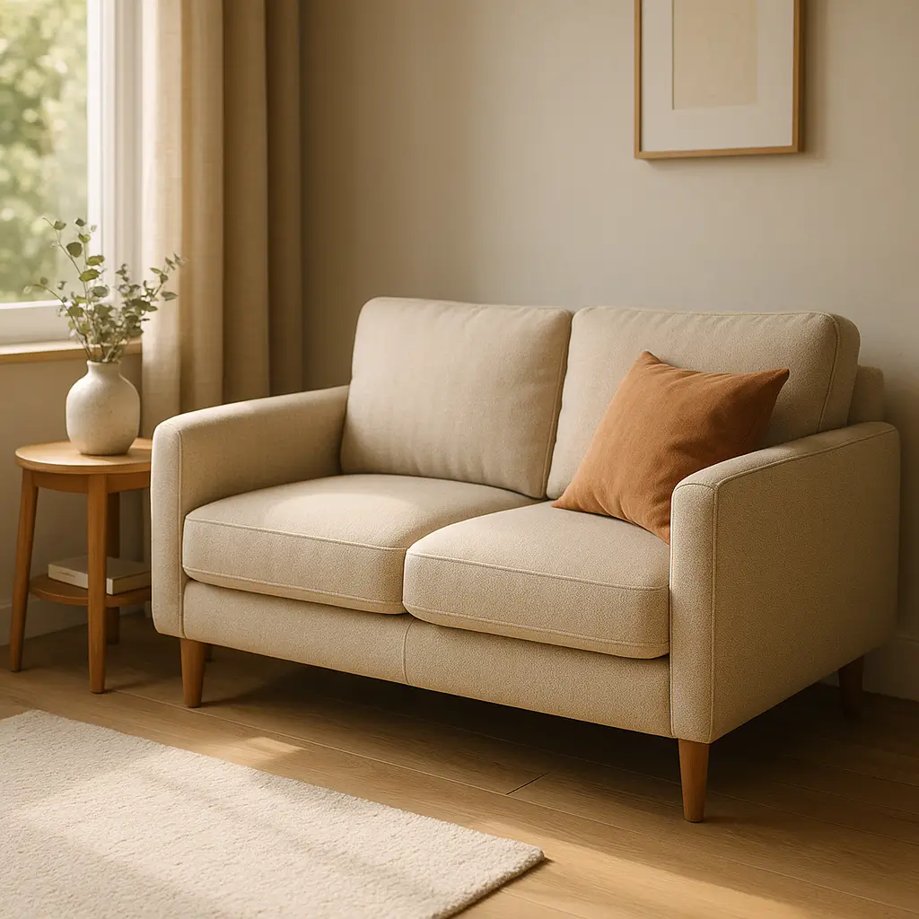 Sofá pequeno para sala pequena: medidas e modelos, sofá bege de 2 lugares com almofada terracota, mesa lateral com vaso e tapete claro