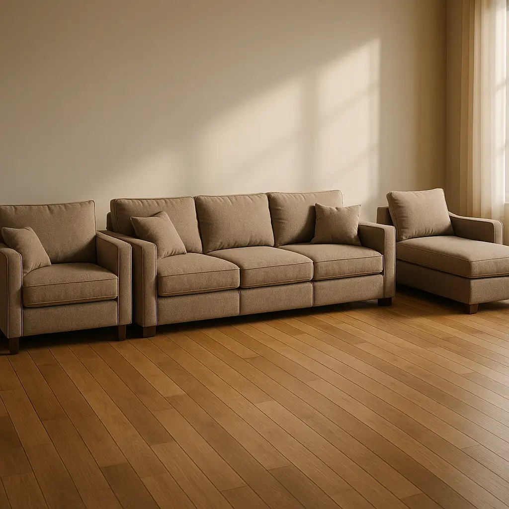 Tabela de medidas de sofá: 2, 3 e 4 lugares, conjunto bege com poltrona, sofá 3 lugares e chaise em sala iluminada