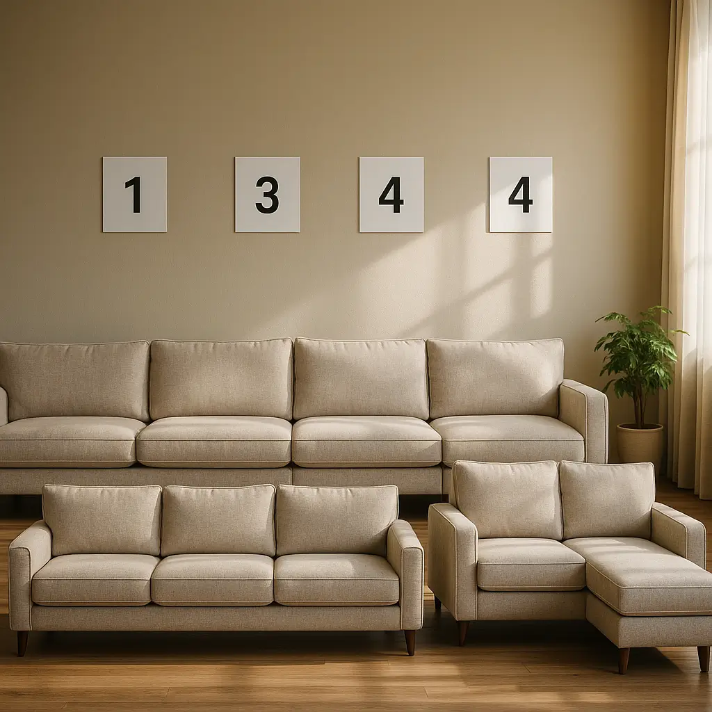 Tabela de medidas de sofá: 2, 3 e 4 lugares, sofás bege alinhados em sala com planta