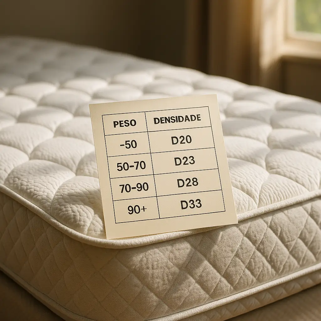 Tabela densidade colchão: por peso 2025 com cartão de pesos e densidades D20, D23, D28 e D33 sobre colchão bege