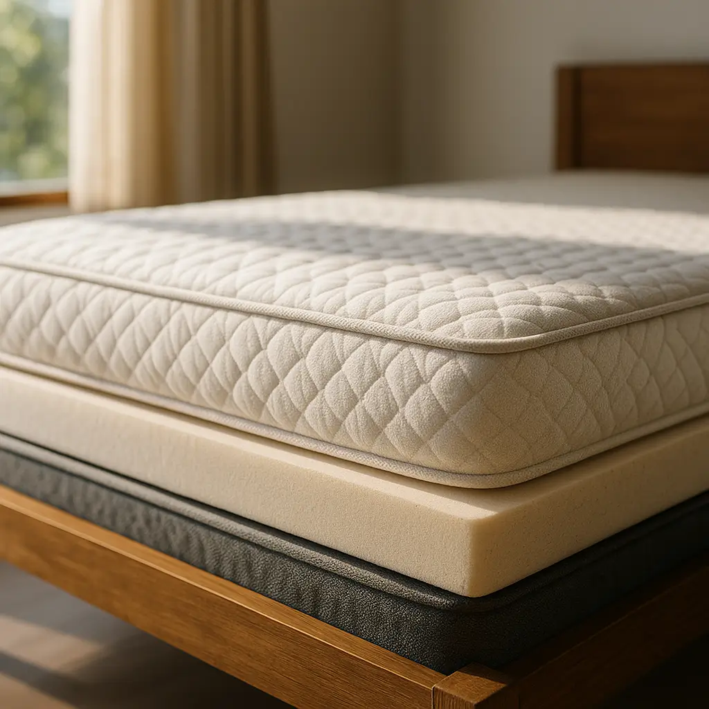 Tabela densidade colchão: por peso 2025 com colchão bege em camadas sobre cama de madeira