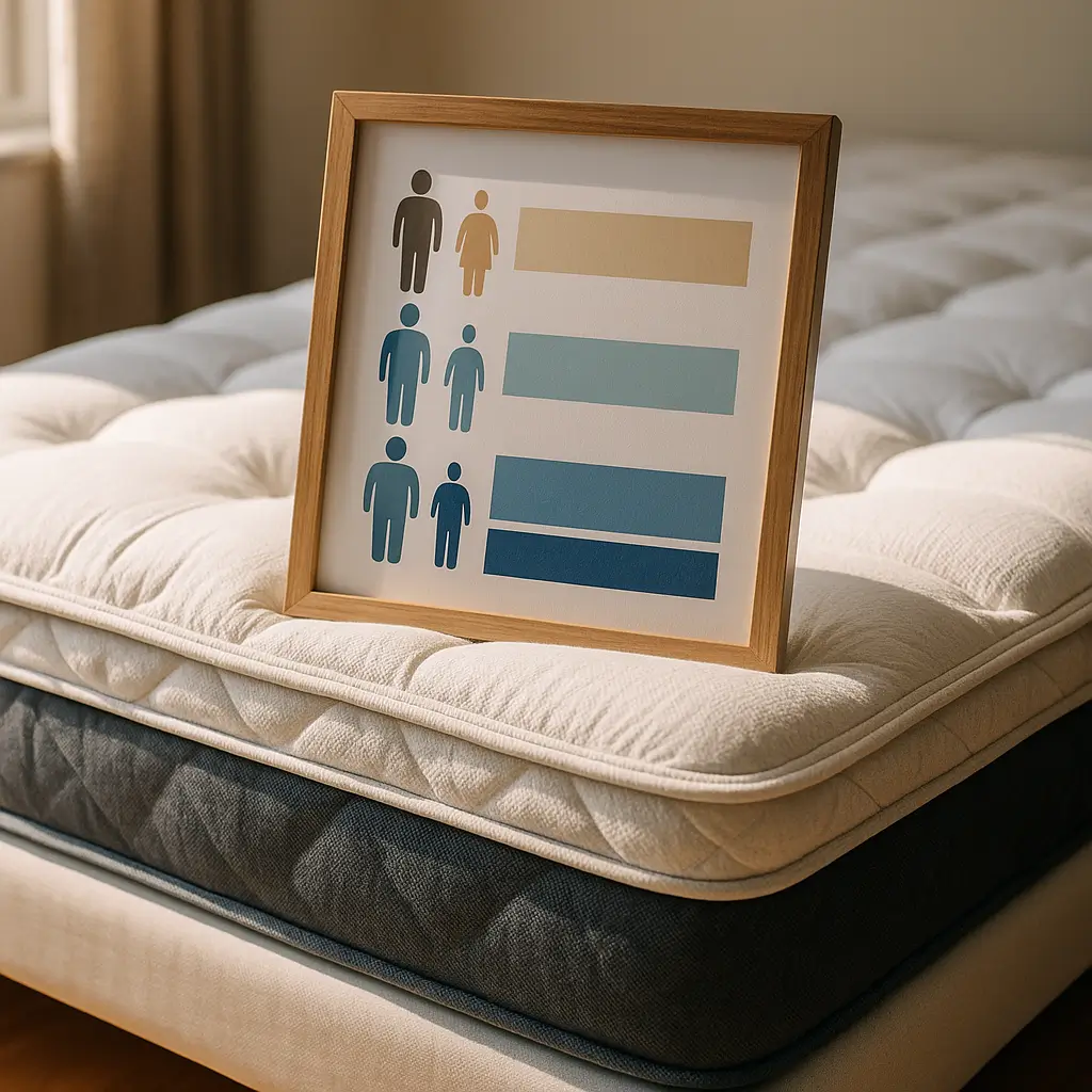 Tabela densidade colchão: por peso 2025 com quadro de ícones de pessoas e barras sobre colchão