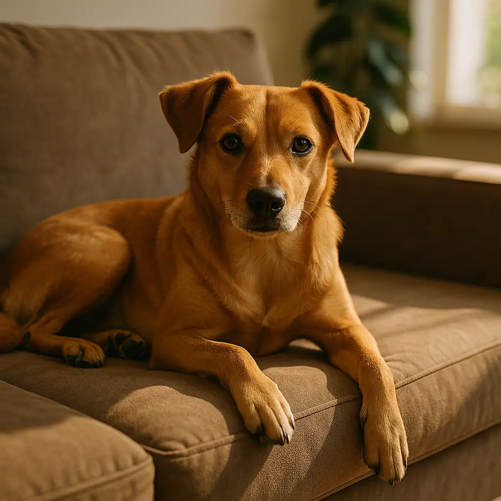 Tecido de sofá para pets: qual dura mais e suja menos, cachorro deitado em sofá marrom