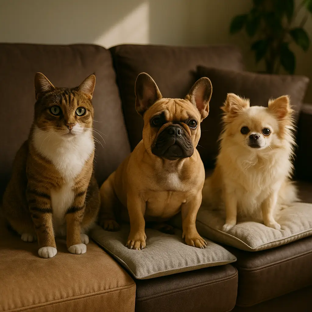 Tecido de sofá para pets: qual dura mais e suja menos, gato, bulldog francês e chihuahua em sofá marrom