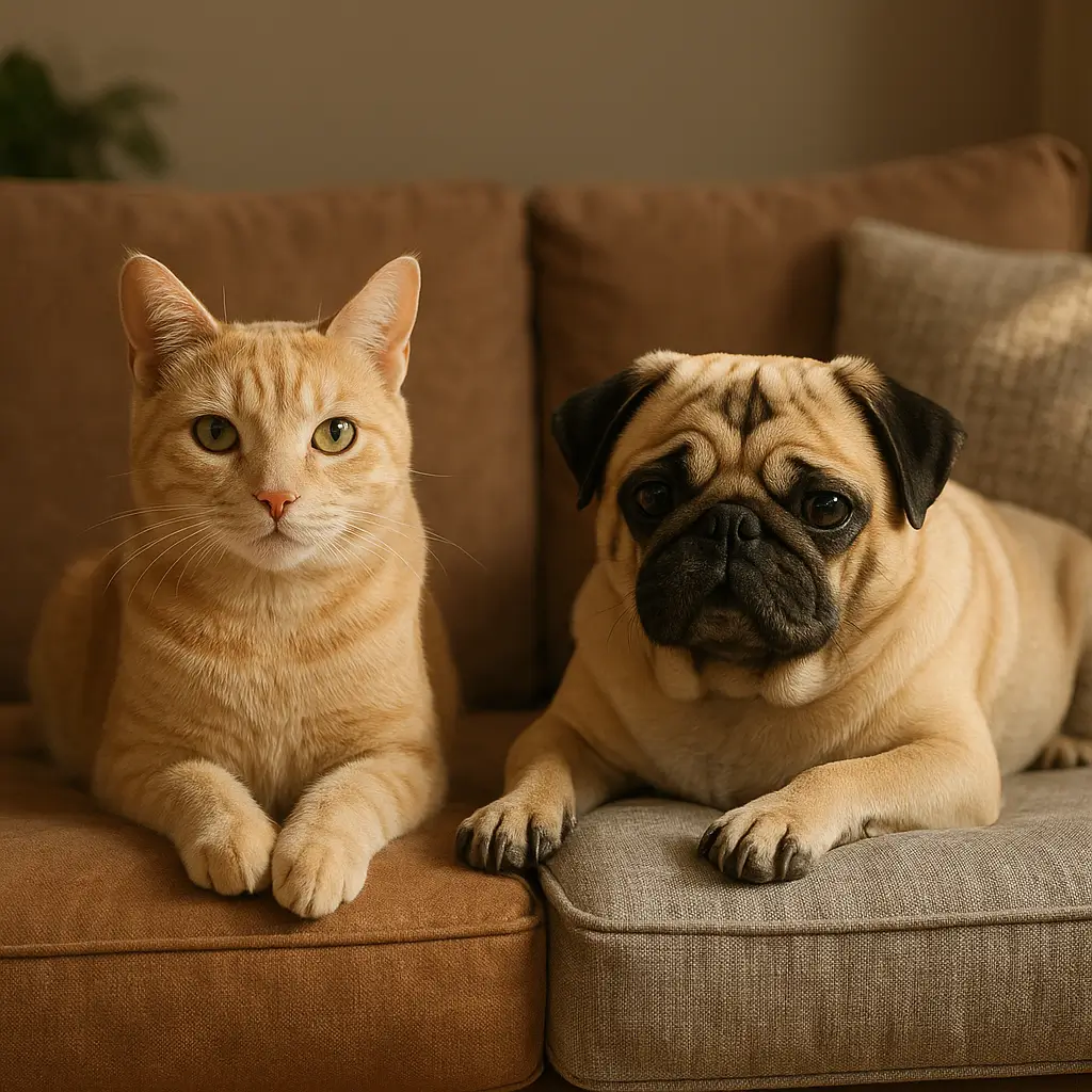 Tecido de sofá para pets: qual dura mais e suja menos, gato e pug em sofá marrom e cinza