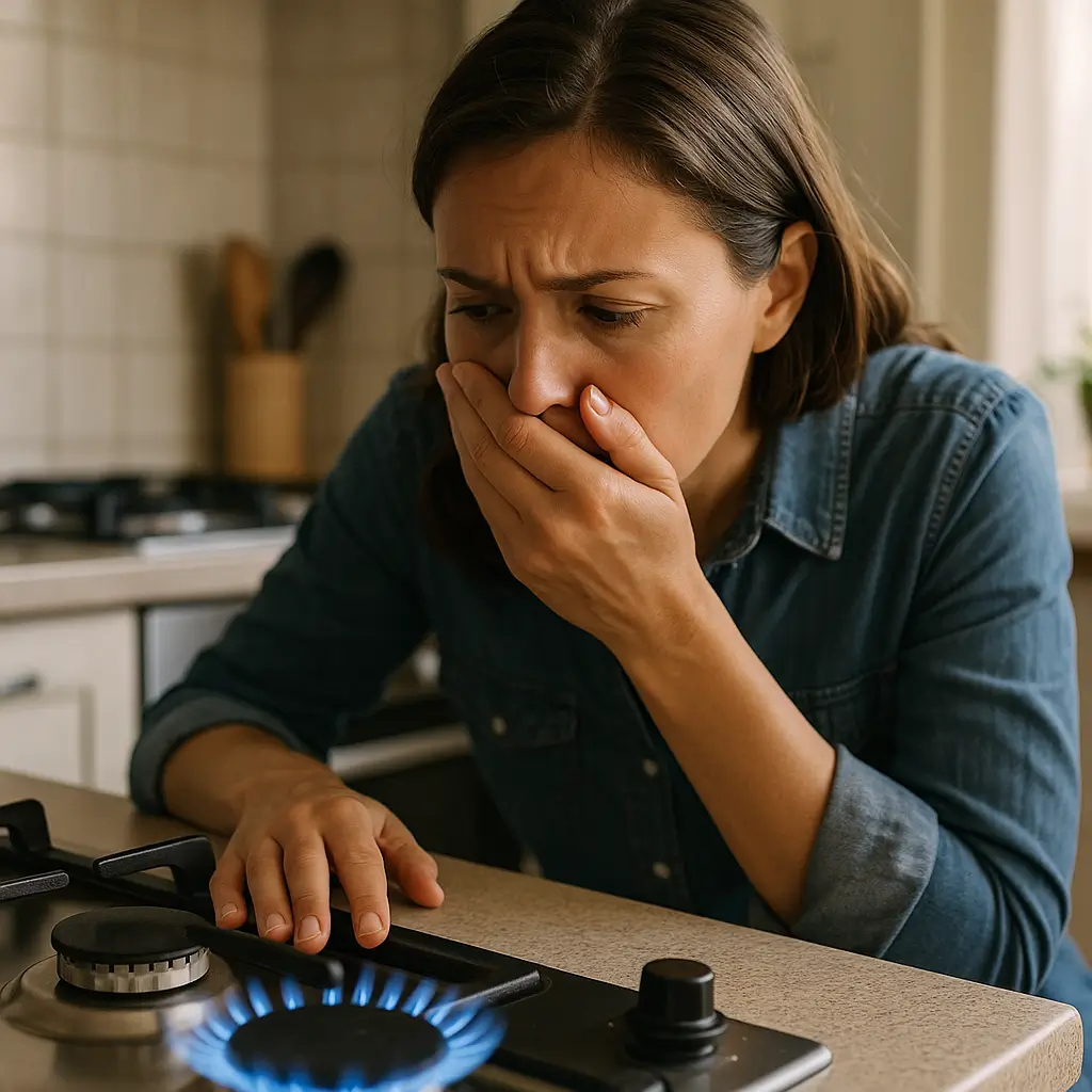Vazamento de gás em casa: como identificar e agir; mulher cobrindo a boca perto do fogão com chama azul
